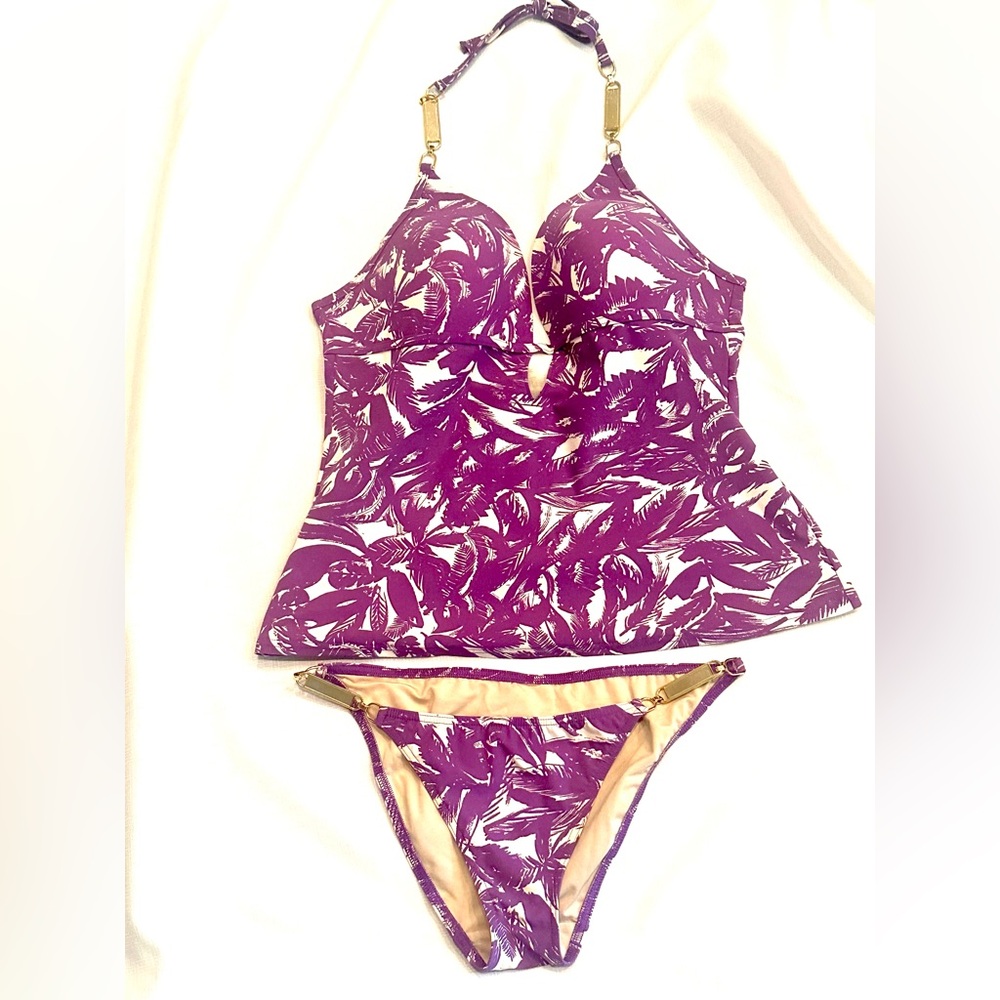 Victoria's Secret Purple/White Leaf Print Tankini with Gold Accents Size Large